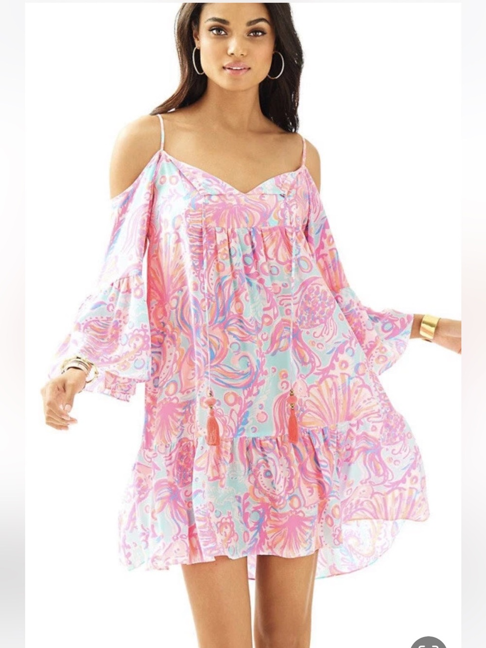 Lilly Pulitzer Alanna Dress Pink Pout Too Much Bubbly Cold Shoulder Tassel Tie S